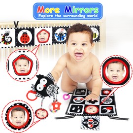 Black and White High Contrast Baby Toys 0-6 Months with Mirror, Crinkle and Rattles, Soft Baby Toys for Brain Development Montessori Sensory Tummy Time Toys Newborn Infant Toys for 0 3 6 9 Months Old