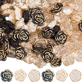 PONABEADIY 1 Box 150PCS Black White Clear Rose Shape Bead Flat Back Flower Shaped Camellias Floral Golden Metal Enlaced Resin Charms Spacer Loose Beads for Jewelry Making Necklaces DIY Craft Supply