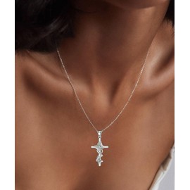 BHUBREA 1/28 Carat Butterfly Cross Diamond Necklace for Women 925 Sterling Sliver 18K White Gold Plated Religious Cross Pendant Diamond Jewelry