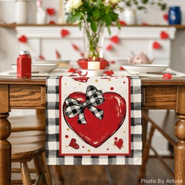 Artoid Mode Buffalo Plaid Red Heart Bow Tie Valentine's Day Table Runner, Seasonal Kitchen Dining Table Decoration for Home Party Decor 13x108 Inch
