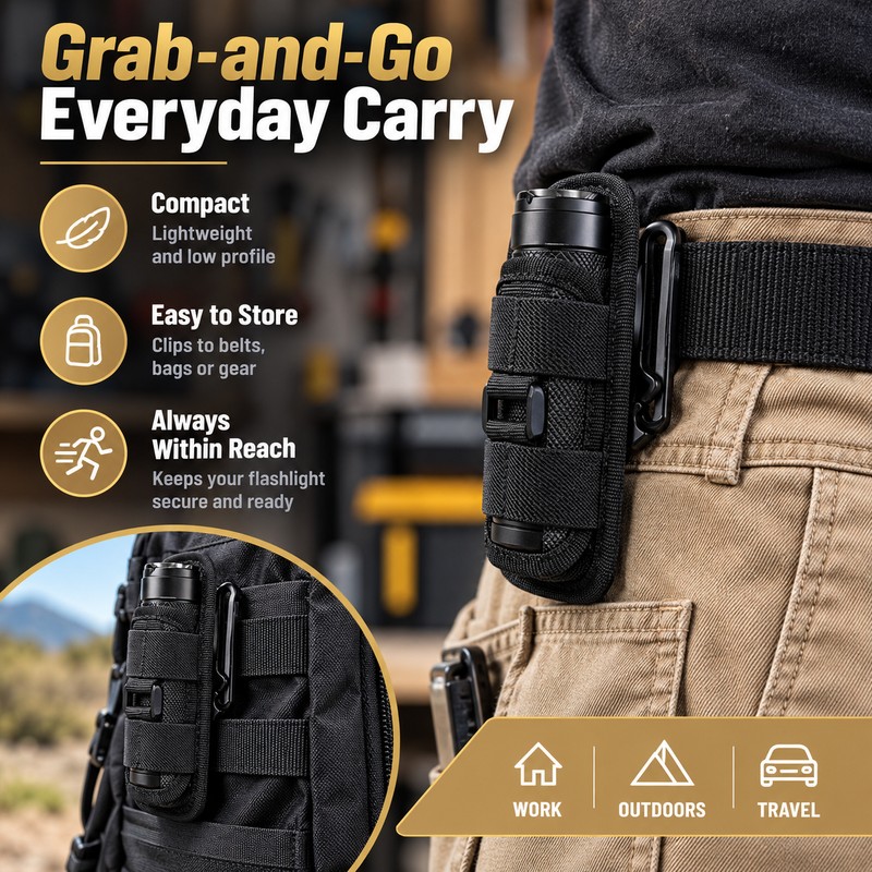 Flashlight Belt Holster for Hands-Free Carry – 360° Rotating Clip