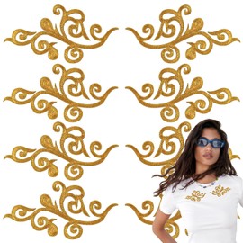 6 Pairs Metallic Embroidered Iron on Patch Trim Fringe Leaves Glitter Retro Boho Embroidered Appliques Iron-on Patches for Dress Pillow Sewing Accessories Embellishment (Gold)