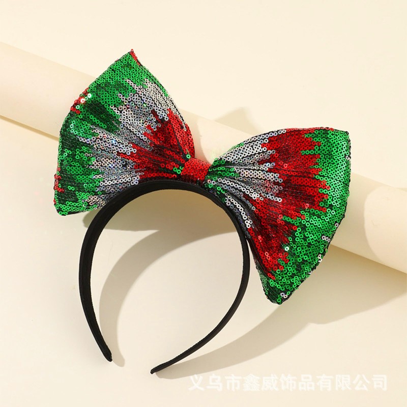 AVMBC Christmas Bow Headband Tri-Color Gradient Sequined Large Bow Headband