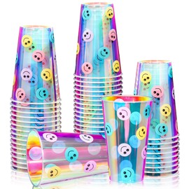 Yungyan 50 Pcs Iridescent Smile Face Plastic Cups 16 oz Rainbow Disposable Cups for Bachelorette Birthday Wedding Mermaid Party Beverage Drinkware Supplies