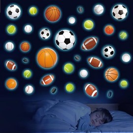 Glow in The Dark Basketball Football Sports Wall Decals，Glowing Luminous Boys Room Wall Stickers Removable self-Adhesive Baseball Decals for Kids Baby Boys Nursery Game Playroom Decoration
