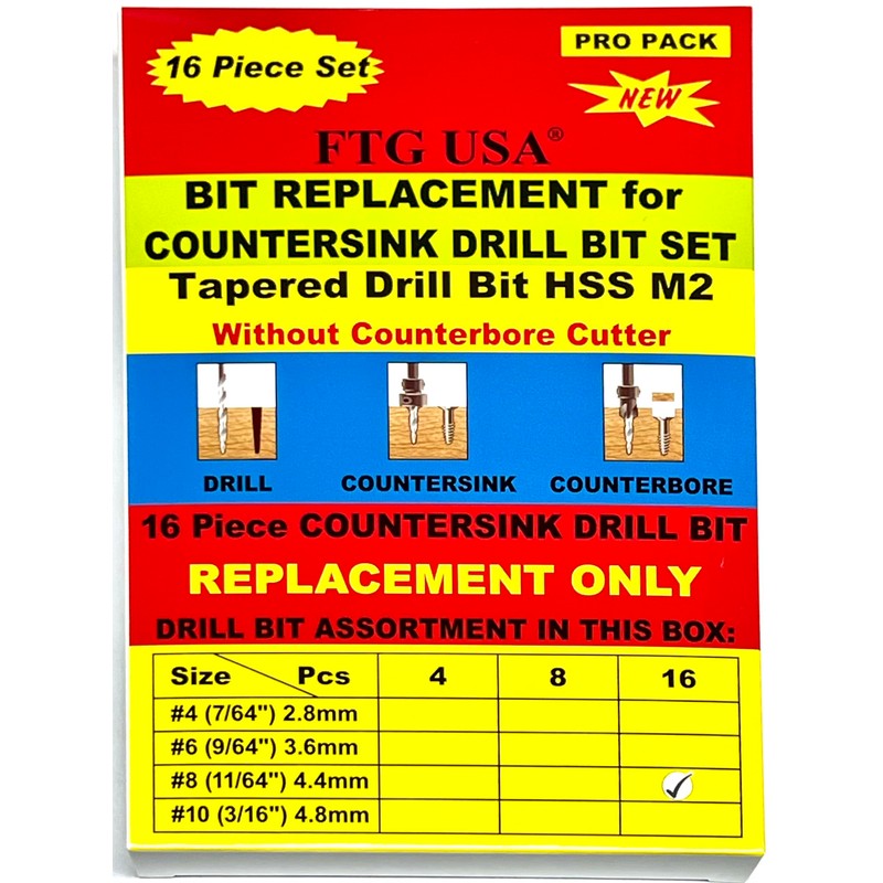 FTG USA Replacement Tapered Countersink Drill Bit Set 16 Pc