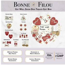 Bonne et Filou Get Well Soon Gifts for Dogs Human Grade Gourmet Dog Treats 21 Luxury Dog Treats with Dog Macarons, Truffles & Bone Cookies Healthy Dog Treats for Small to Large Dogs