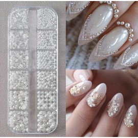 Fashiononbay 1 Box Mixed Size Flat Back Pearl Nail Charms 1.5–5mm White Half Round DIY Art