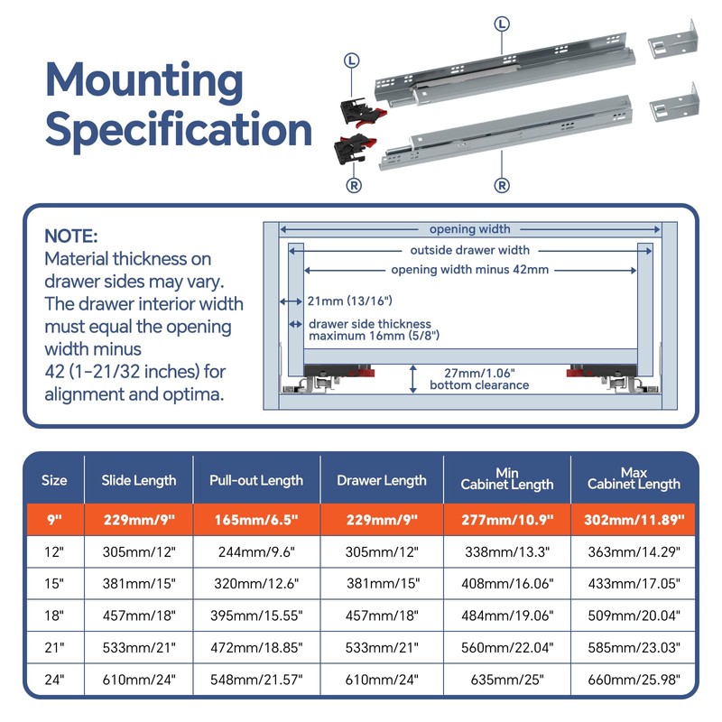 ToBeGreat 1 Pair Undermount Soft Close Drawer Slides 9 Inch