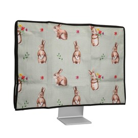 kwmobile Dust Cover for 27-28" Monitor - Linen Monitor Protector with Design - Rabbits and Flowers White/Brown/Gray Green
