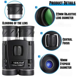 10 x 25 Compact Binoculars, Foldable Binoculars, Binoculars for Adults and Children, Large Eyepiece, Easy Focus Binoculars for Bird Watching, Theatre and Concerts, Hunting and Sports Games, Black