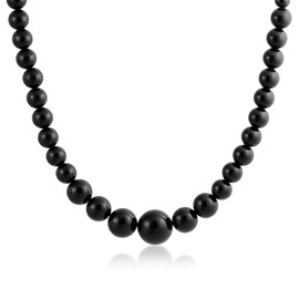 Elegant Simple Graduated Round Bead Ball Basic Black Onyx Strand Necklace Jewelry For Women Silver Plated Toggle Clasp 18 Inches