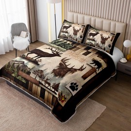 UEVBF King Size Rustic Cabin Quilt Set,Camo Deer Bear Retro Bedding Sets for Hunting Room Decor,Brown Hunting Themed Plaid Patchwork Bedding Quilts with 2 Pillowcases.