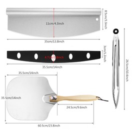 TOPROAD Aluminum Metal Pizza Crust Set (12 inches 14 inches), Foldable Wooden Handle, with Pizza Scraper and Stainless Steel Tongs, Easy to Store Pizza Spatula, for Baking Homemade Pizza Bread