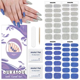 DUKASOU Semi Cured Gel Nail Strips, (Glitter Silver/Blue) 56 Pcs Gel Nail Wraps,Stickers Works with Any UV/LED Lamps,Long Lasting,Salon-Quality, Easy to Apply