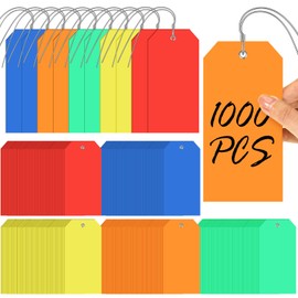 Pinkunn 1000 Pack Plastic Shipping Tags with Iron Wires 6.3 x 3.15 Inch Colorful Blank Tags Waterproof Wire Tags Labels Portable Blank Tags with String for Volunteers Marking Inventory Luggage Garage