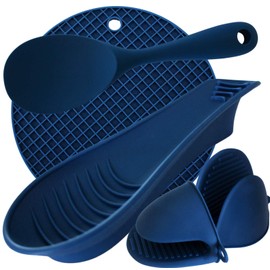 Spoon Rest Set Including Rice Paddle – Silicone Spoon Rest, Trivet, Oven Mitts 5 Piece Set - Spoon Rest for Kitchen Counter, Spoon Rest for Stove Top or Utensil Rest