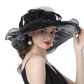 Elegant Flower Organza Veil Fascinators Hats Women Wide Brim Sun Protection Floppy Sun Caps Headdress Cocktail Tea Party Holiday Beach Wedding Church Cloche Bowler Hats Headgear Headwear Black