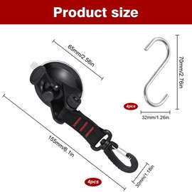 Heavy Duty Suction Cups, 4PCS Car Side Awning Suction Cup with 360° Rotating D-rings, Camping Suction Hooks with 4 S Hooks, Carabiner for Caravan Awnings Camping Accessories