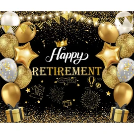 DORCEV 8x8ft Happy Retirement Photography Backdrop Black and Gold Retirement Party Decorations Backdrop Background Balloons White Lights Glitter Celebrate Retirement Party Supplies Studio Props