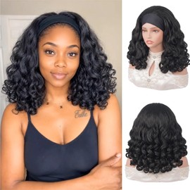 Ninroc Yaki Curly Headband Wigs for Black Women, Synthetic Headband Wig with Curly Ends, Glueless Wear and Go Half Wig, Natural Texture Kinky Straight Wig for Daily Use（16in,Black）
