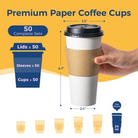 Fit Meal Prep 24 oz 50 Pack To Go Coffee Cups with Lids and Sleeves, Disposable Paper Coffee Cups with Lids for Hot/Cold Beverage
