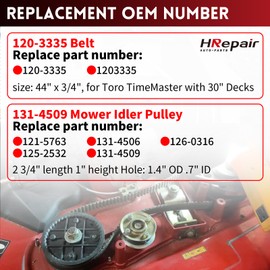 HRepair Mower Idler Pulley&Belt Kit丨fits for Toro 30" Deck TimeMaster Tractors丨fits Model 20199, 20200, 20975,20977.etc.丨OE:131-4509 125-2532 120-3335 131-4529