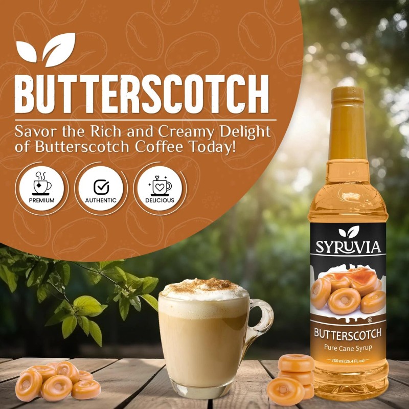 Syruvia Butterscotch Syrup 25.4 fl oz, Kosher, Perfect for Coffee