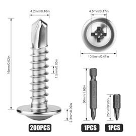 XRXYMQ 200 Pcs Self Tapping Screws M4.2 x 16 mm Self Drilling Screws for Metal Screw Stainless Steel 410 Tek Screw for Wood Plastics Aluminum Metalwork
