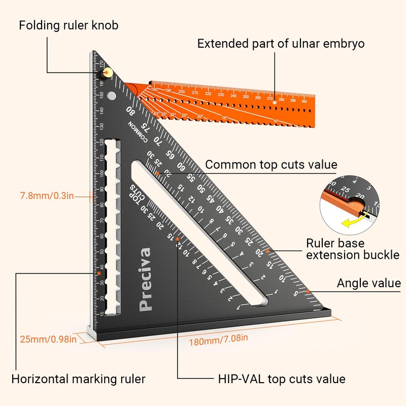 Carpenter's Square, Preciva Try Square, Multifunctional Foldable Triangle Protractor, Aluminium