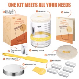 Koackl Sourdough Starter Jar, 40oz Sourdough Starter Kit with Magnetic Bread Lame, Thermometer, Long Scraper, Cloth Cover & Lid for Sourdough Bread Baking Supplies, Yellow