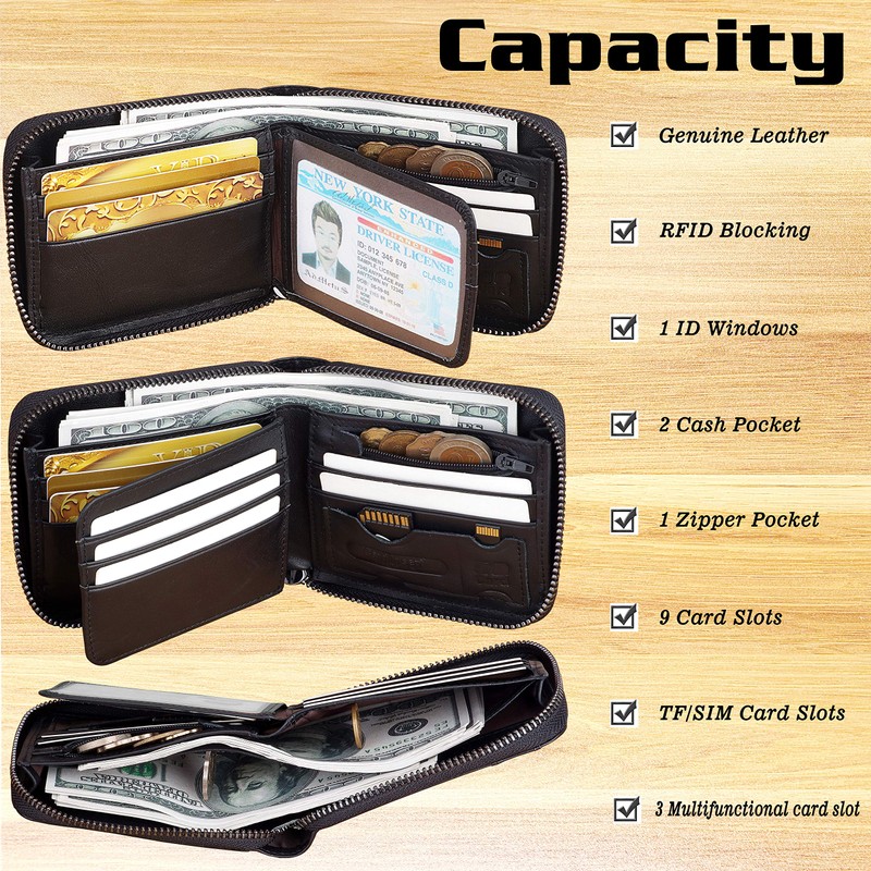 RFID Wallet for Men Leather Zip Wallet Bifold Card Holder