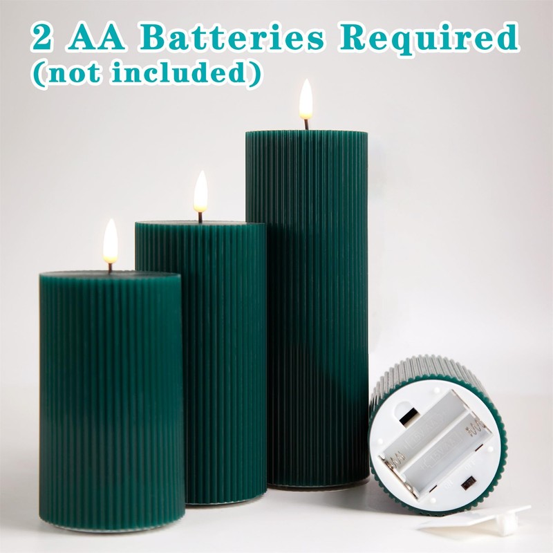Girimax Teal Flat Top Ribbed Flameless Pillar Candles with Remote,