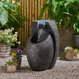 ESPIDOO Modern Outdoor Water Fountain: Concrete-Like Curved Design with LED Lights for Backyard & Patio - Relaxing Waterfall Flow Enhances Garden Aesthetics for Homeowners
