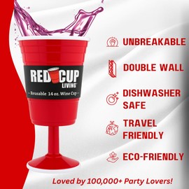 Reusable Red Plastic Wine Glasses with Stem, 14oz, Unique Heavy-Duty Drinking Glasses for Parties, Durable Champagne Flutes, Cute Sturdy Big Grip Cups Stem Glass for Wine, Elegantes Copas De Vino