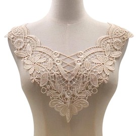 Lace Collar Applique, 3D Embroidery Lace Appliqué Flowers Lace Patch Lace Motif Applique Patches Insert Collar Lace Trim for Dress DIY Neckline Wedding Dress Clothing, Beige