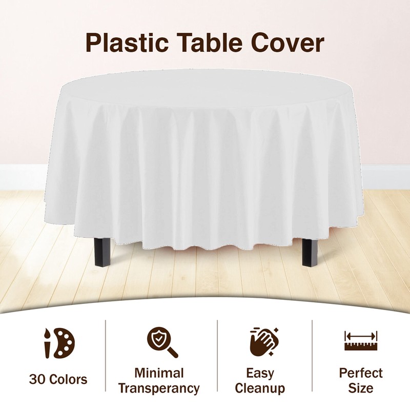 4-Pack White Plastic Table Cloth - 84-Inch Round Disposable Tablecloth