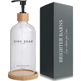 Clear Glass Dish Soap Dispenser by Brighter Barns - Kitchen Sink Set With Bamboo Tray - Modern Decor and Accessories, Minimalist Neutral Home (Clear)