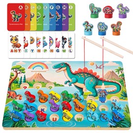Mailuren Wooden Dinosaur Magnetic Fishing Game for Toddlers Ages 3-5 with 2 Pods, ABC Alphabet Learning Toy with Spelling Cards, Preschool Educational Montessori Toys for 3 Year Old, Gift for Boy Girl