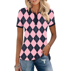 LOMON Golf Polo Shirts for Women Short Sleeve Collared Tops Moisture Wicking Lightweight Tennis Activewear Pink Plaid XXL