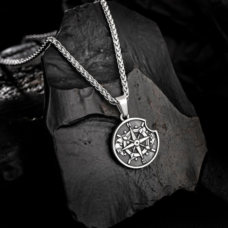 Crafted Compass Coin Necklace with Wheat Chain for Men, Mens