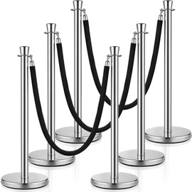 Wesiti 6 Pcs Stainless Steel Stanchion Post Queue with Crown Top 5 ft and 3 Pcs Velvet Rope and Poles Crowd Control Barriers Sand Injection Hollow Base and Velvet Ropes Set for Party (Silver, Black)