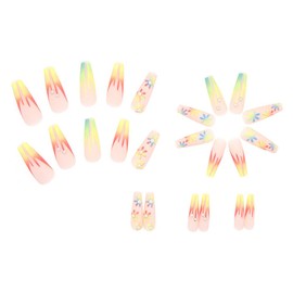 24PCS Cute Press on Nails Rainbow Coffin Fake Nails Full Cover False Nails Colorful Ballerina Nails Tips Acrylic Manicure With Glue for Women and Girls (Rainbow Fake Nails-K)