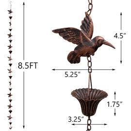 Aifeorzo 8.5FT Rain Chain, Hummingbird Rain Chains for Gutters, Functional and Decorative Replacement Downspout Chain for Outside, Metal Garden Rainwater Diverter Catcher Chains, Antique Copper