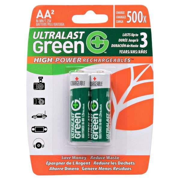 Ultralast ULGHP2AAA Green High-Power Rechargeables AAA NiMH Batteries, 2 pk