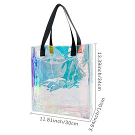 TotePrint Waterproof Holographic Transparent Handbag Laser Bag Girls Beach Bag PVC Shopping Bag for Sports, Work, Safety Travel, Stadium or Concert, Black handle, Modern