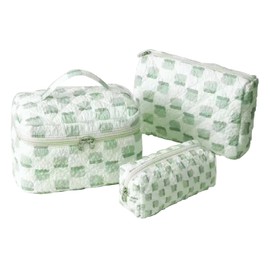 LYkotama Makeup Bag Set, Large Travel Cosmetic Bags for Women, 3pcs Cute Floral Makeup Bags, Cotton Quilted Toiletry Organizer Bag, Women's Emergency Bag (Green - Grid)