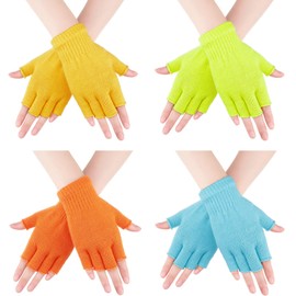 Bememo 4 Pairs Fingerless Gloves Half Finger Mittens Winter Solid Color Knitted Typing Gloves for Boys and Girls (Yellow, Orange, Blue, Fluorescent Yellow)