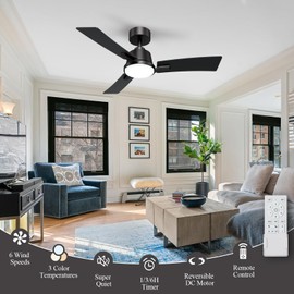 BatQueen 42 Inch Ceiling Fans with Lights,Low Profile Ceiling Fan,Modern Flush Mount,Reversible 6 Speeds,3CCT Dimmable Noiseless Black Ceiling Fans for Living Room,Bedroom and Patio,ETL Listed