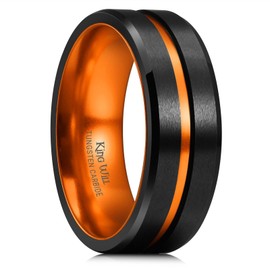 King Will 8mm Black Tungsten Rings for Men Two Tone Mens Wedding Band Cool Promise Ring Engagement Centre Grooved Thin Lines Matte Finished Beveled Edge Comfort Size, Orange 9